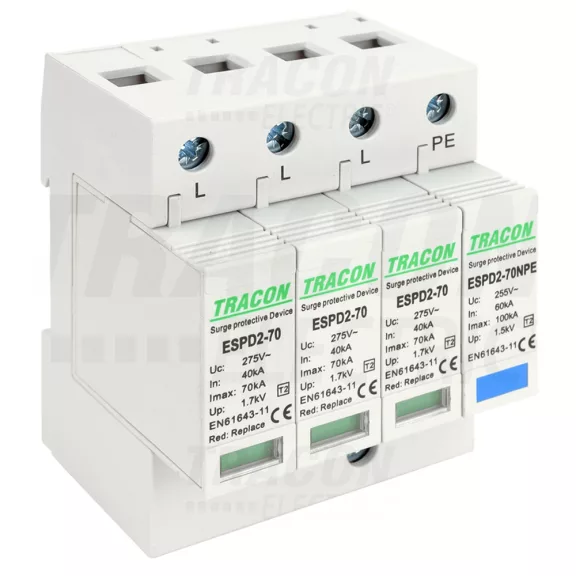 Tracon túlfeszültség levezető, T2 AC típusú, cserélhető betéttel, ESPD2-70-3+1P Tracon túlfeszültség levezető, T2 AC típusú, cserélhető betéttel, ESPD2-70-3+1P