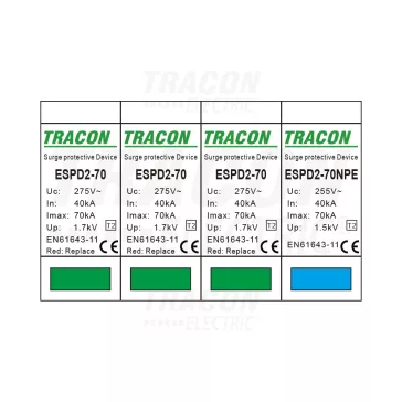   Tracon túlfeszültség levezető, T2 AC típusú, cserélhető betéttel, ESPD2-70-3+1P