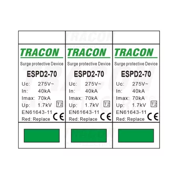   Tracon túlfeszültség levezető, T2 AC típusú, cserélhető betéttel, ESPD2-70-3P