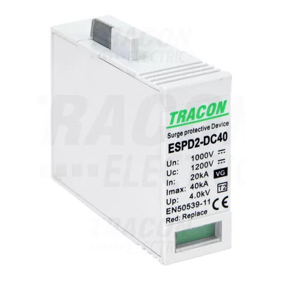 Tracon túlfeszültség levezető, T2 DC típusú VG, betét 1000V, ESPD2-DC40-1000VG Tracon túlfeszültség levezető, T2 DC típusú VG, betét 1000V, ESPD2-DC40-1000VG