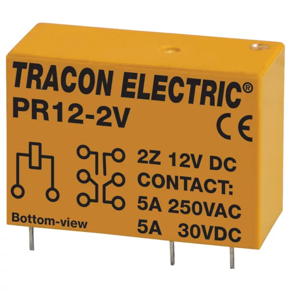 Tracon Print relé 2xCO érintkező 5A 12V DC, PR12-2V Tracon Print relé 2xCO érintkező 5A 12V DC, PR12-2V