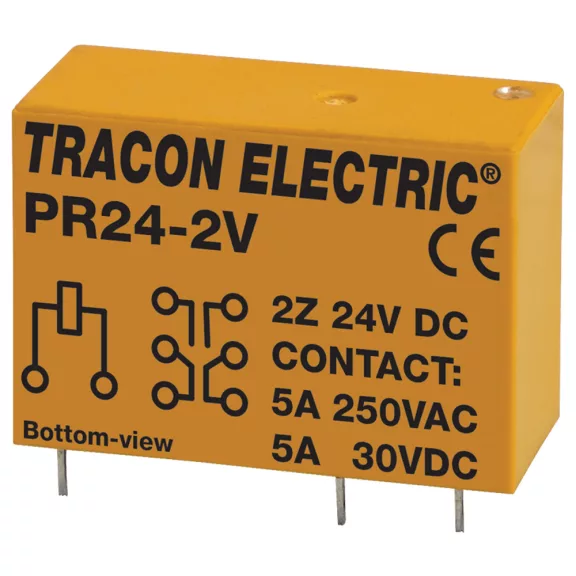 Tracon Print relé 2xCO érintkező 5A 24V DC, PR24-2V Tracon Print relé 2xCO érintkező 5A 24V DC, PR24-2V