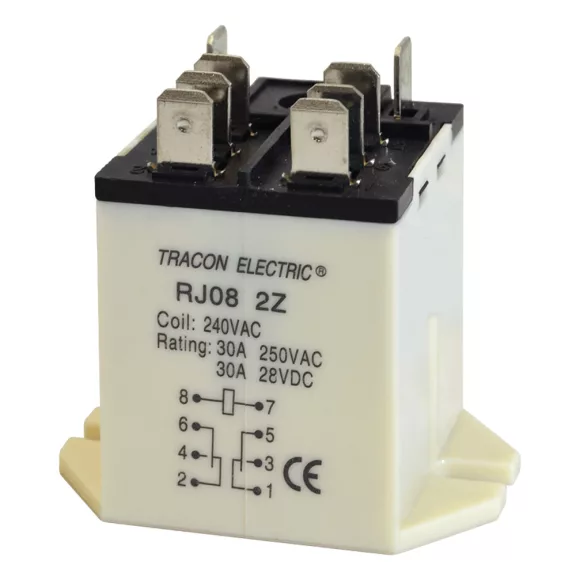Tracon Teljesítmény relé 2 CO váltóérintkező 30A-es 230V-os AC, RJ08-240AC, Tracon Teljesítmény relé 2 CO váltóérintkező 30A-es 230V-os AC, RJ08-240AC,
