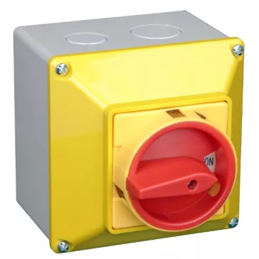 Tracon Tokozott tűzvédelmi főkapcsoló, lakatolható, sárga fedéllel, BE-KI, 20A, 4P, 5.5kW, 48x4