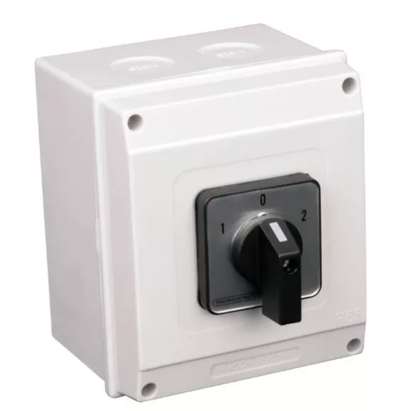 Tracon Tokozott választókapcsoló, 1-0-2, 25A, 2x3P, 7.5kW, 48x48mm, 90°, TKV-259/3T65 Tracon Tokozott választókapcsoló, 1-0-2, 25A, 2x3P, 7.5kW, 48x48mm, 90°, TKV-259/3T65