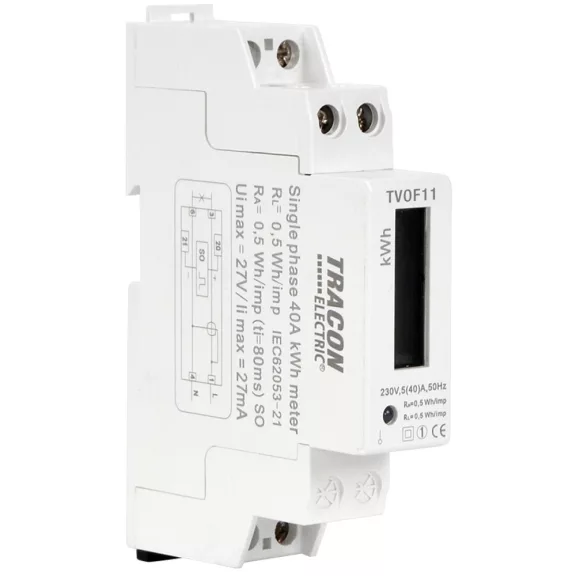 Tracon LCD kijelzésű fogyasztásmérő, közvetlen, 1 fázisú, 1 modul, TVOF11 Tracon LCD kijelzésű fogyasztásmérő, közvetlen, 1 fázisú, 1 modul, TVOF11