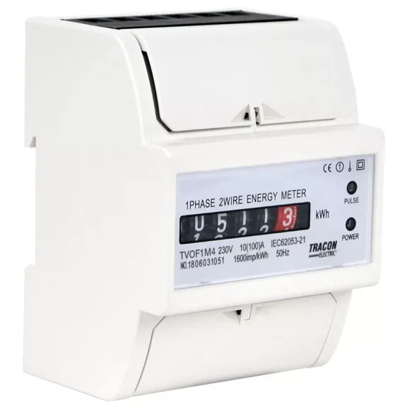 Tracon Elektromech. fogyasztásmérő, közvetlen, 1 fázisú, 4 modul, TVOF1M4 Tracon Elektromech. fogyasztásmérő, közvetlen, 1 fázisú, 4 modul, TVOF1M4